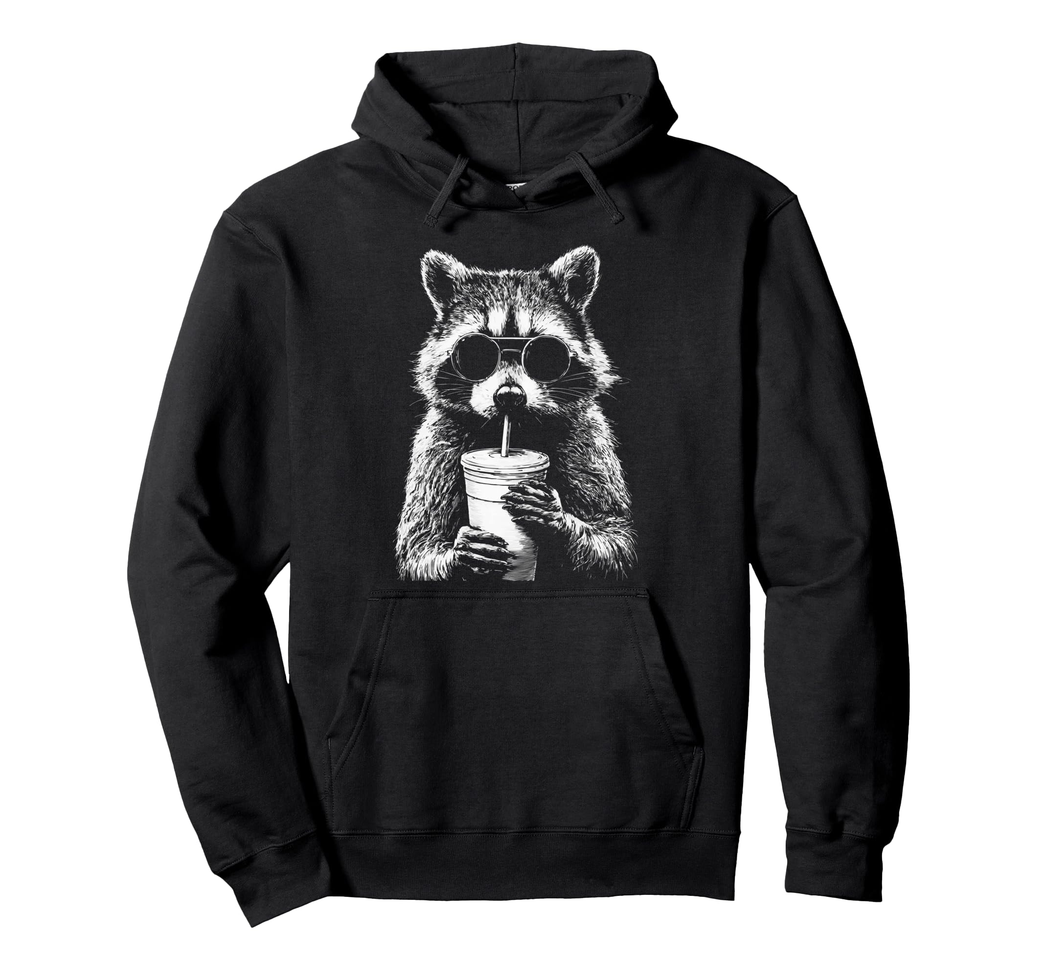 Raccoon Drinking Iced Coffee Funny Hoodie - Fun Novelty Design for Adults - T-Shirt, Sweatshirt, Hoodie