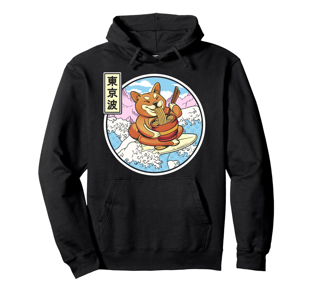 Surfing Shiba Inu Eating Ramen Japan Hoodie - Streetwear Style Men Women - T-Shirt, Sweatshirt, Hoodie