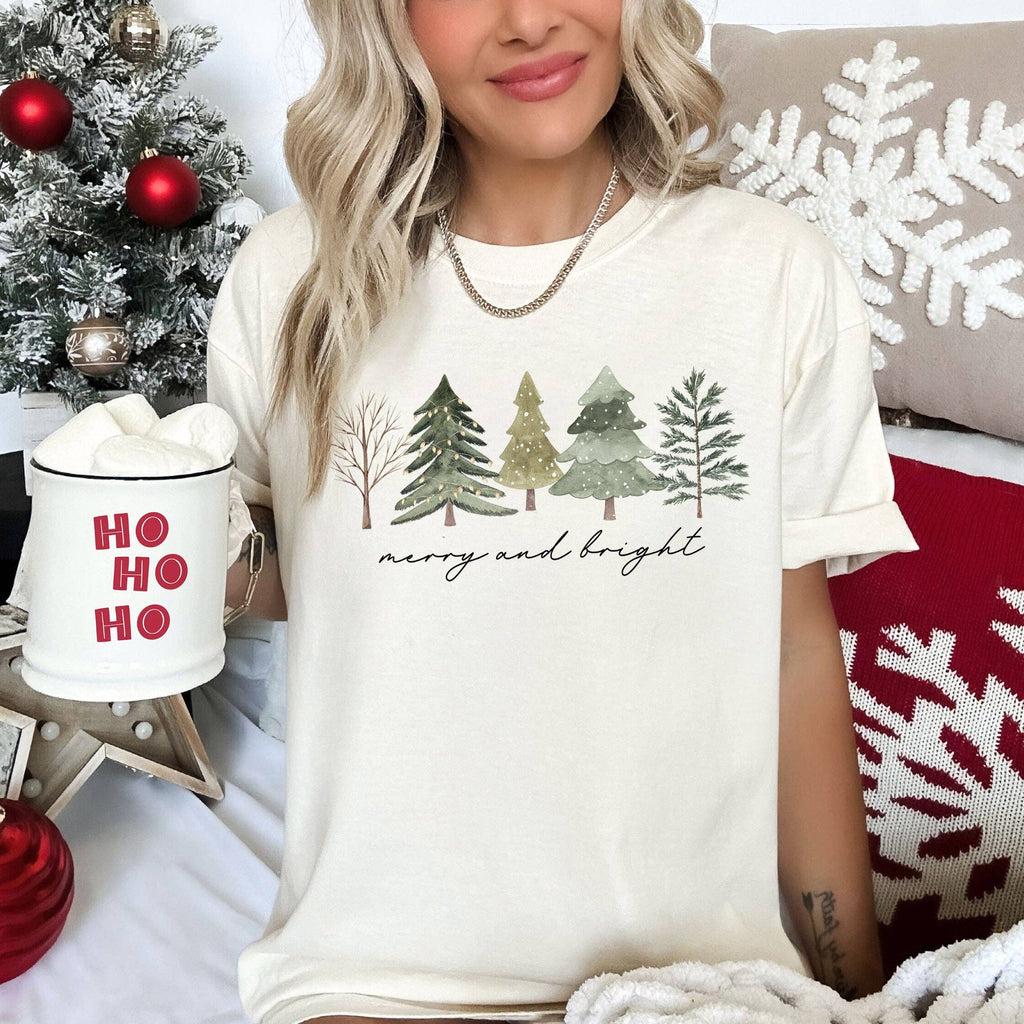 Merry and Bright, Watercolor Trees, Christmas,, - Adult & Kids T-Shirts, Sweatshirts & Hoodies apparel design preview 1