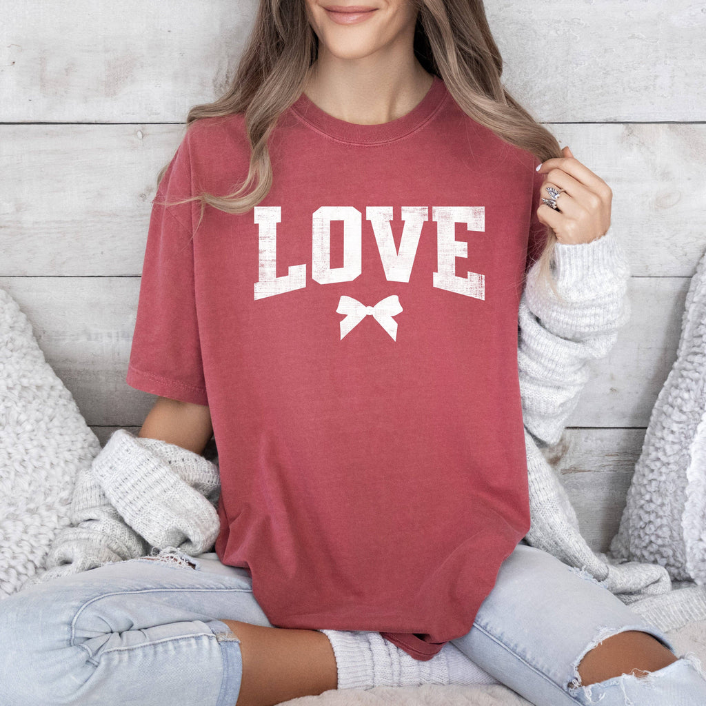 Love, Bow, Varsity, Valentine's Day, Comfort Colors - Adult & Kids T-Shirts, Sweatshirts & Hoodies apparel design preview 1
