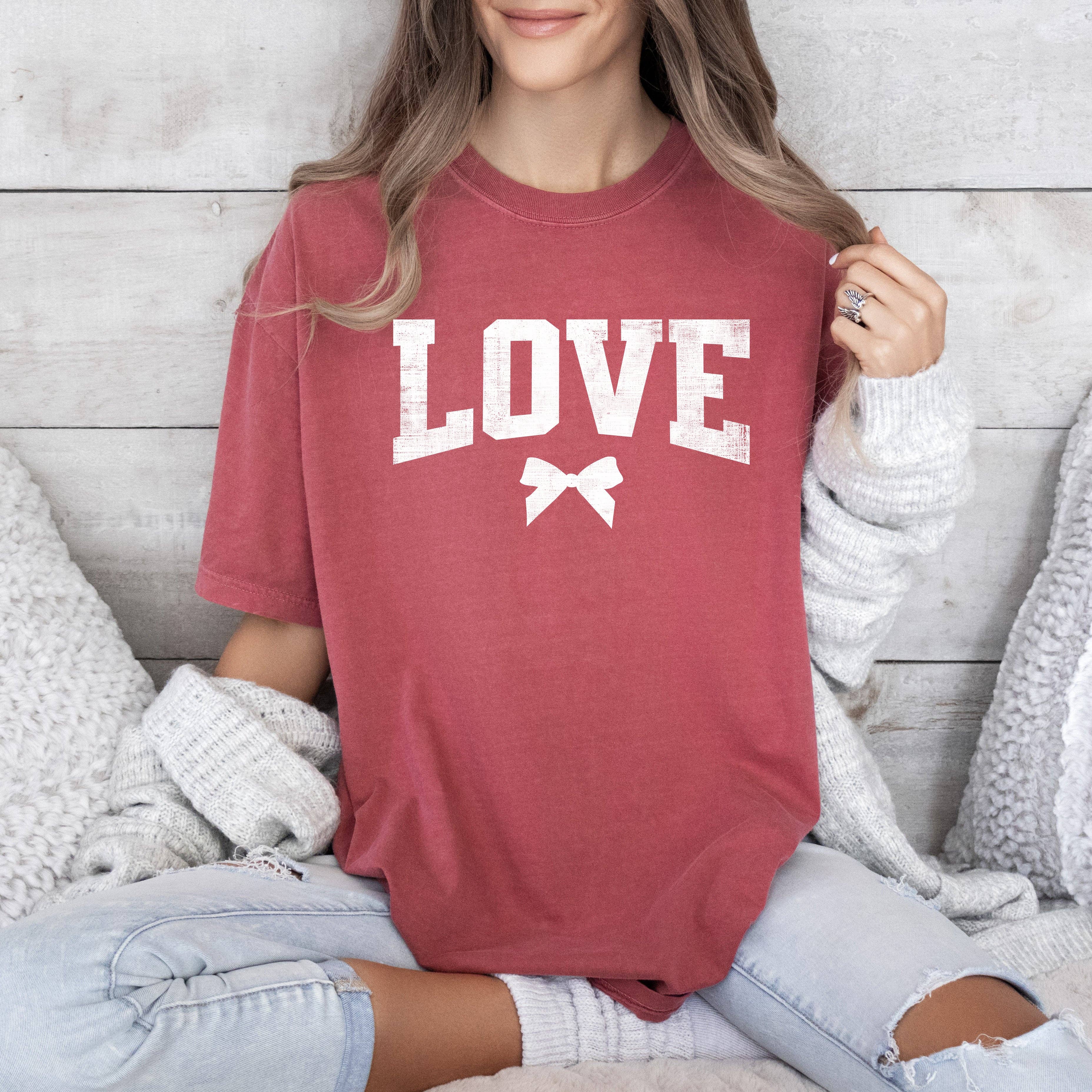 Love, Bow, Varsity, Valentine's Day, Comfort Colors - Adult & Kids T-Shirts, Sweatshirts & Hoodies apparel design preview 1