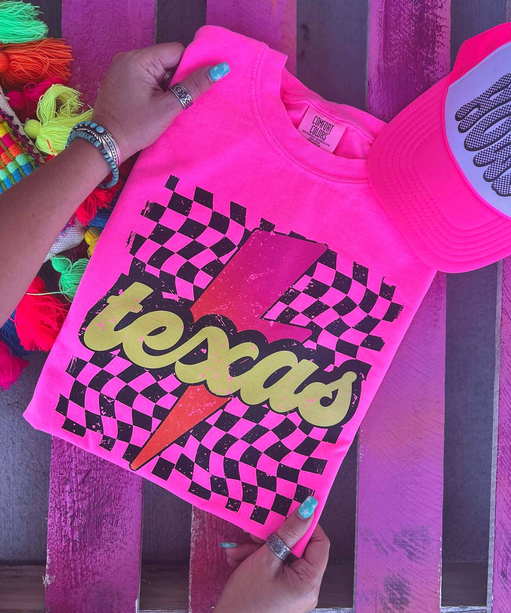 Checkered Texas with Lightening Bolt Neon Pink - Adult & Kids T-Shirts, Sweatshirts & Hoodies apparel design preview 1
