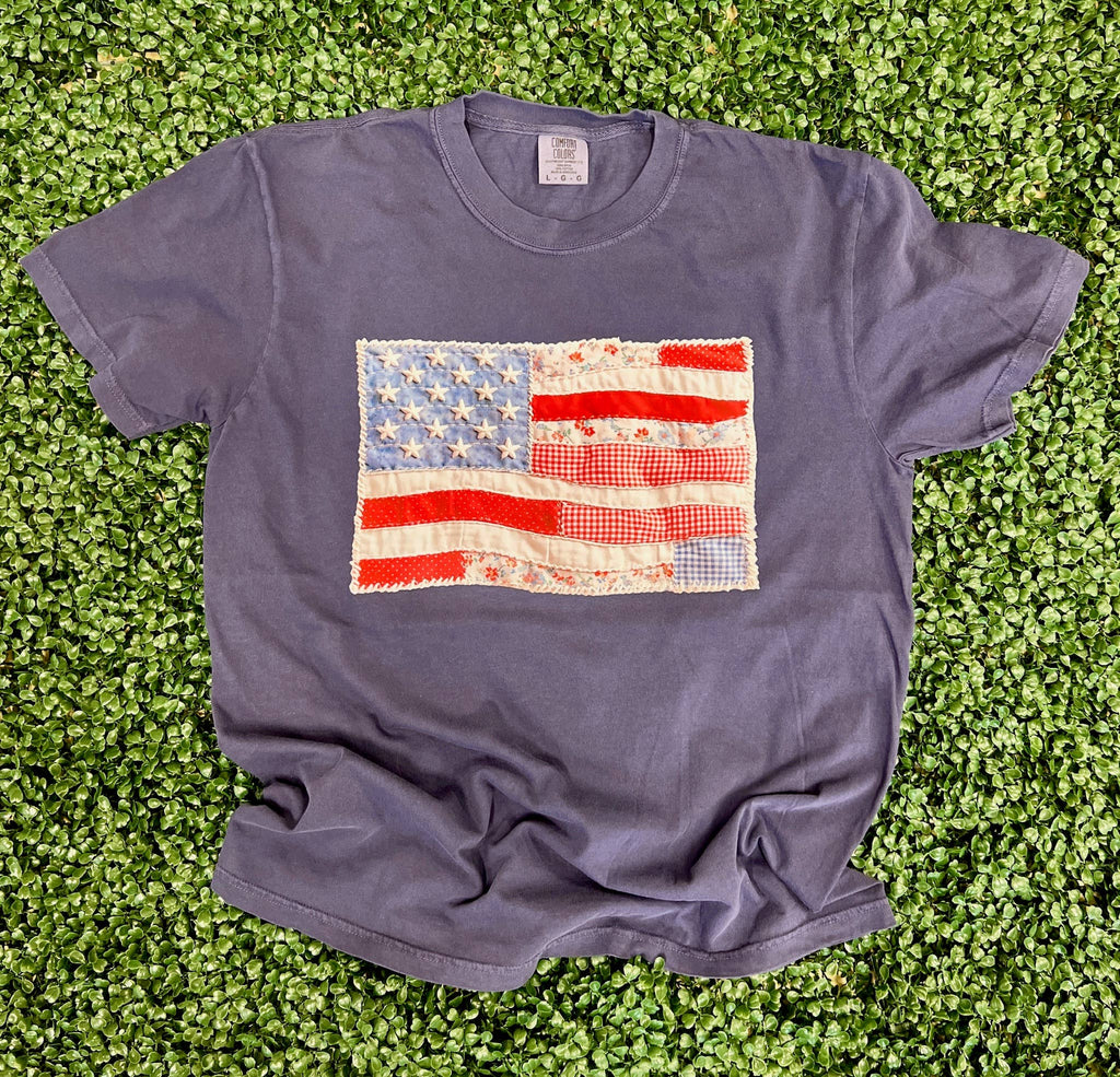 Patchwork USA Flag On Comfort Colors Navy - Adult & Kids T-Shirts, Sweatshirts & Hoodies apparel design preview 1