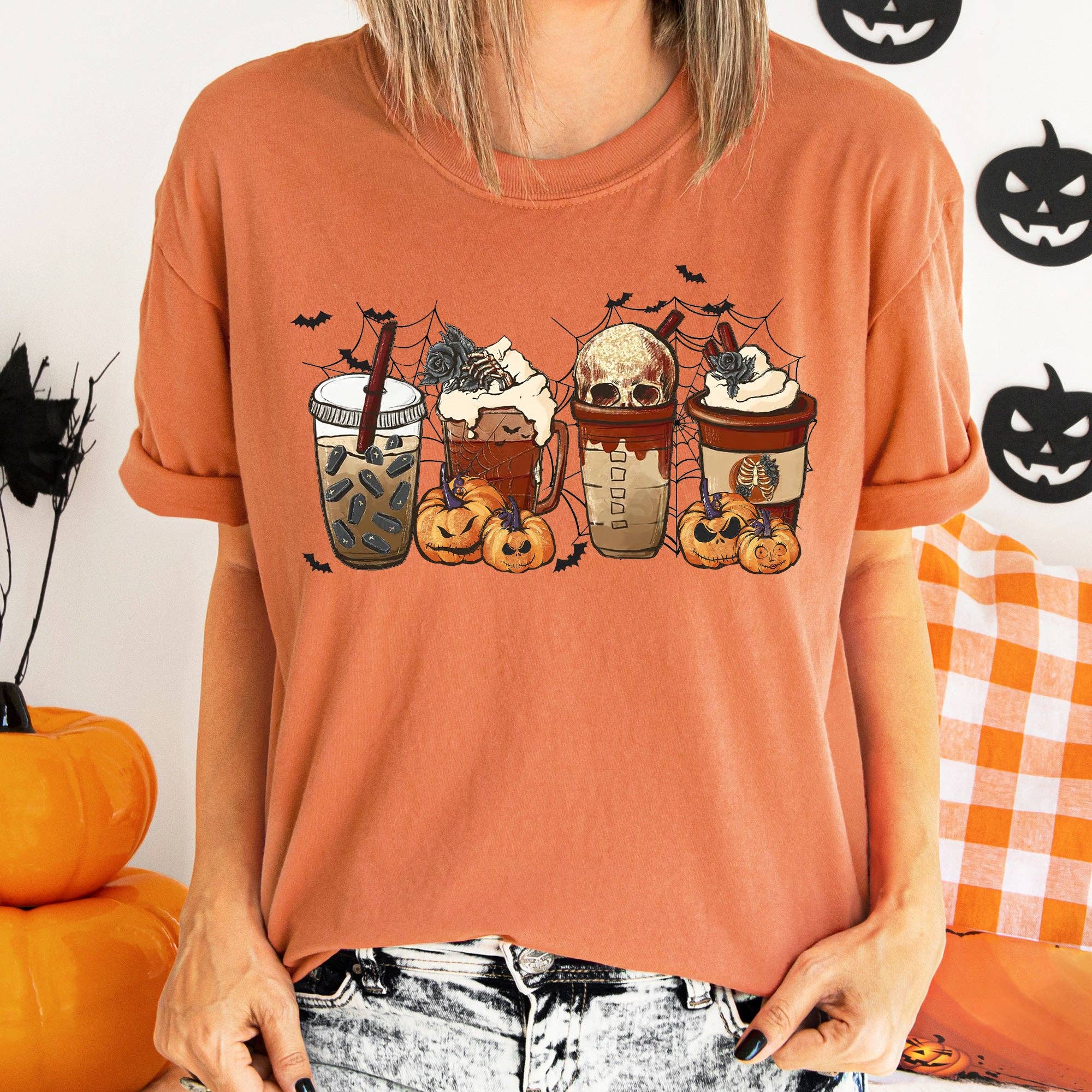 Horror Pumpkin Coffee Vintage Halloween - Adult & Kids T-Shirts, Sweatshirts & Hoodies apparel design preview 1