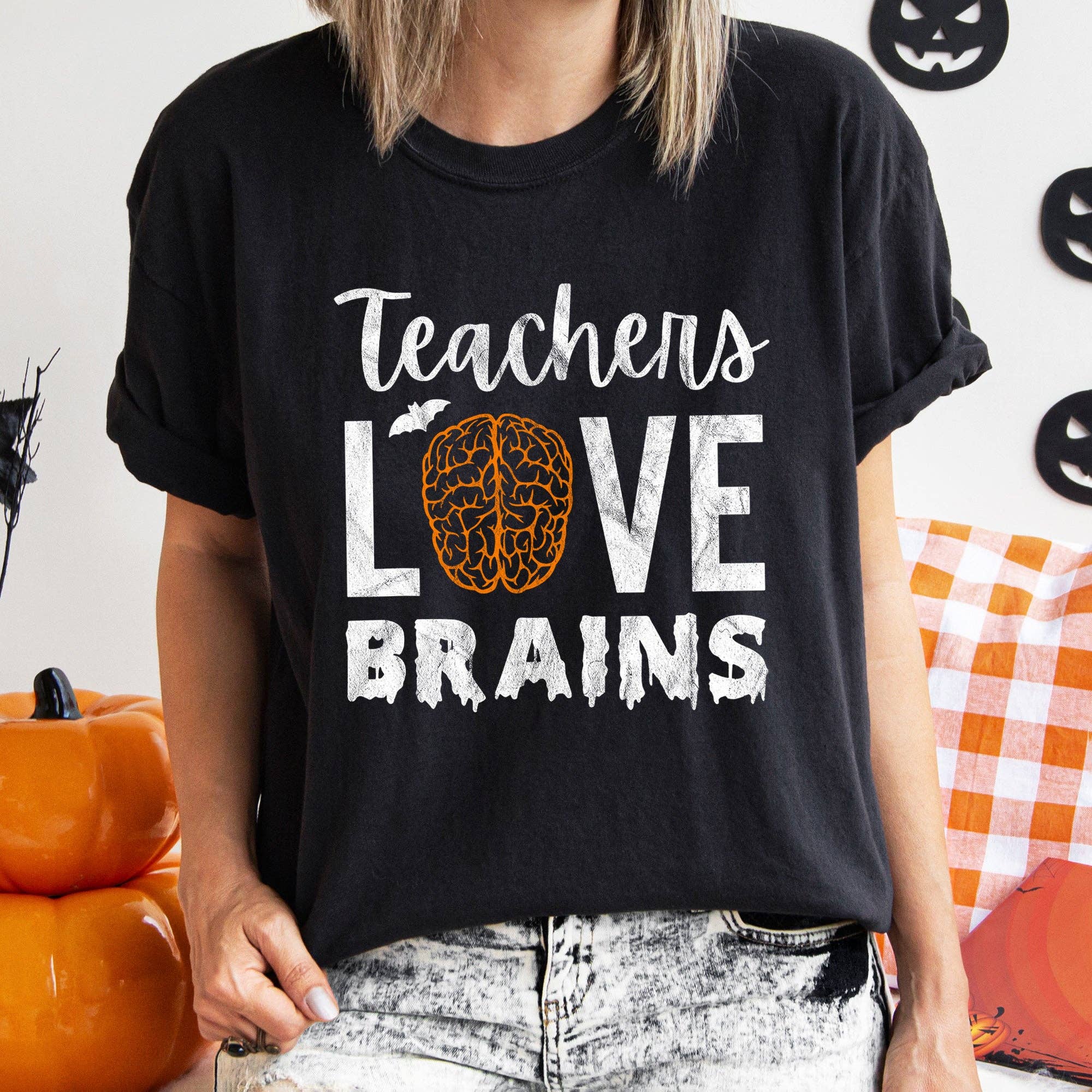 Teachers Love Brains Halloween White Print - Adult & Kids T-Shirts, Sweatshirts & Hoodies apparel design preview 1