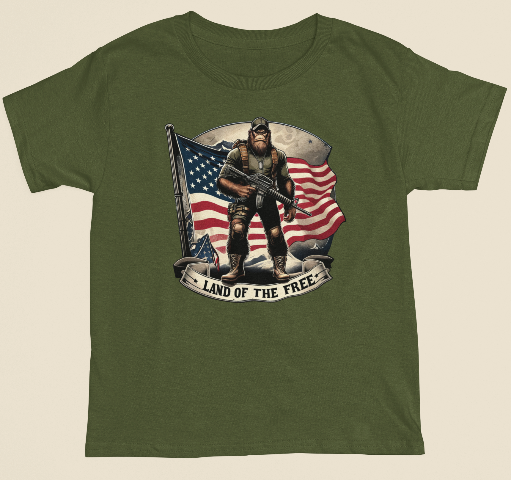 Soldier Squatch Us Flag Land of the Free Green - Adult & Kids T-Shirts, Sweatshirts & Hoodies apparel design preview 1