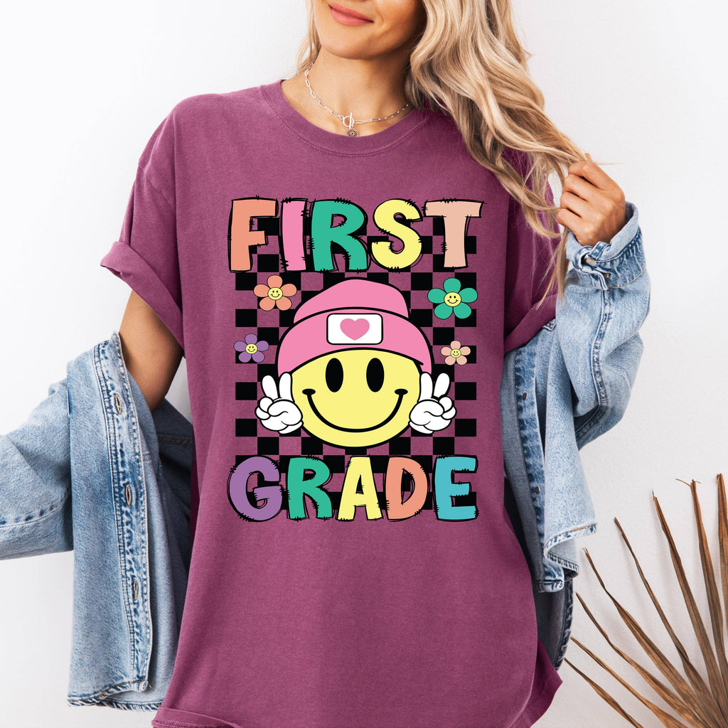 First Grade, Smiley Face Teacher Back To School - Adult & Kids T-Shirts, Sweatshirts & Hoodies apparel design preview 1