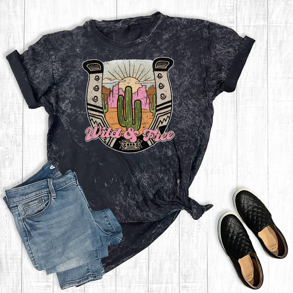 Western Cactus Wild and Free Mineral Wash Graphic - Adult & Kids T-Shirts, Sweatshirts & Hoodies apparel design preview 1