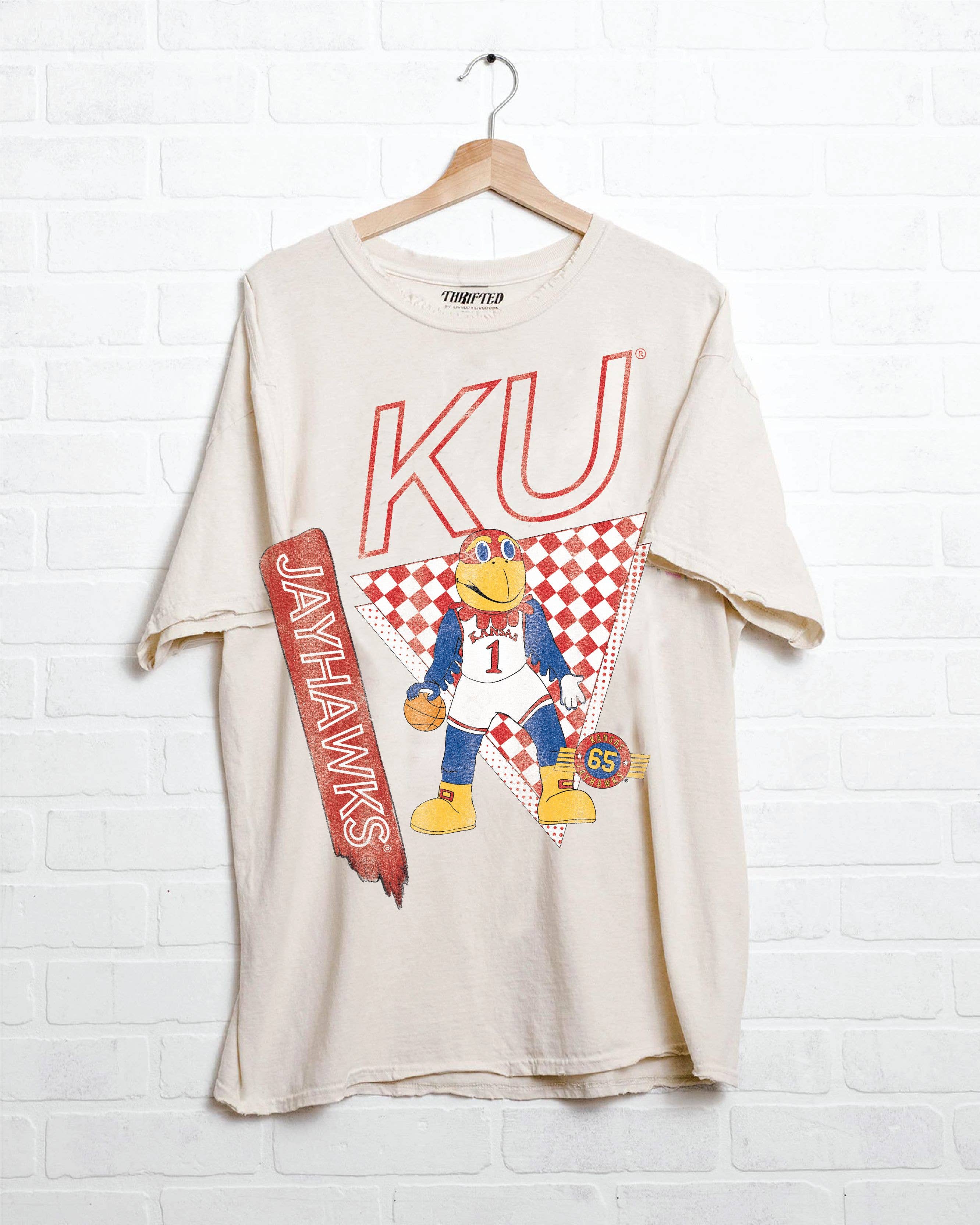 Ku Jayhawks Courtside Basketball Off White Thrifted - Adult & Kids T-Shirts, Sweatshirts & Hoodies apparel design preview 1