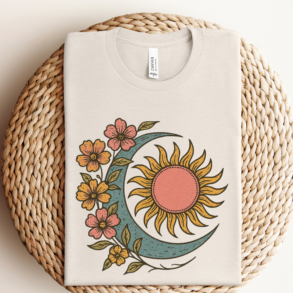 Boho Floral Moon and Sun Graphic - Adult & Kids T-Shirts, Sweatshirts & Hoodies apparel design preview 1