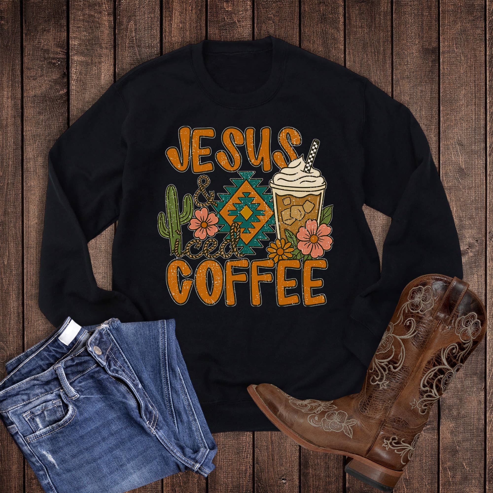 Western Jesus and Iced Coffee - Adult & Kids T-Shirts, Sweatshirts & Hoodies apparel design preview 1