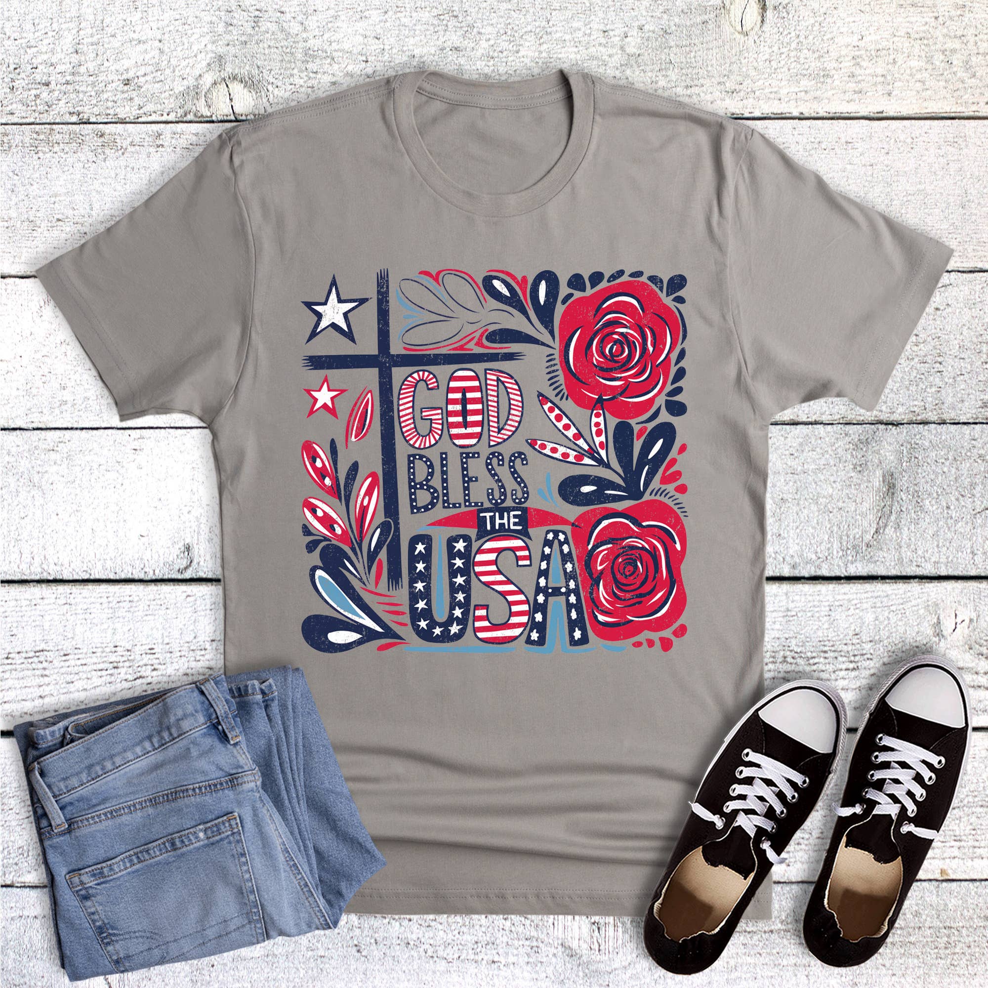 Patriotic Boho God Bless the USA Graphic - Adult & Kids T-Shirts, Sweatshirts & Hoodies apparel design preview 1