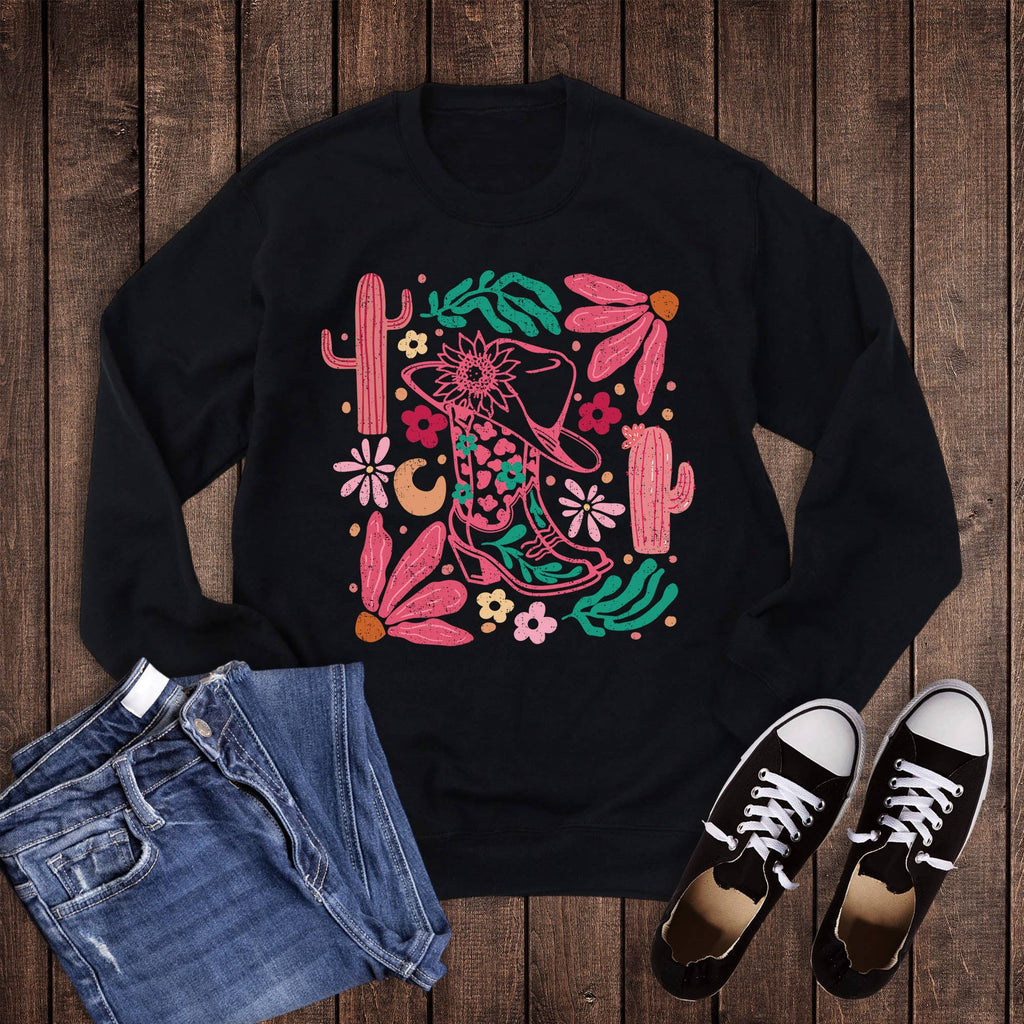 Western Boho Cowgirl Boot and Flowers - Adult & Kids T-Shirts, Sweatshirts & Hoodies apparel design preview 1