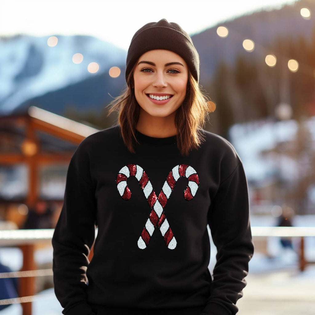Sequin Candy Cane Patch Black Crewneck - Adult & Kids T-Shirts, Sweatshirts & Hoodies apparel design preview 1