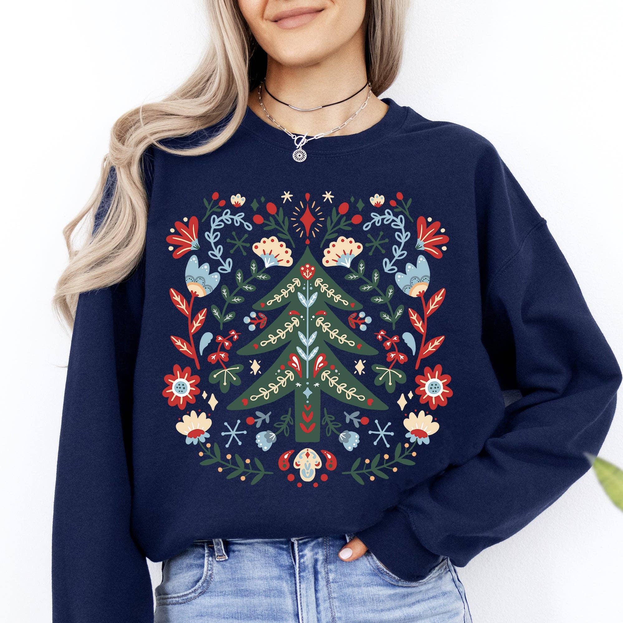 Christmas Tree Folk Art, Scandinavian Floral - Adult & Kids T-Shirts, Sweatshirts & Hoodies apparel design preview 1