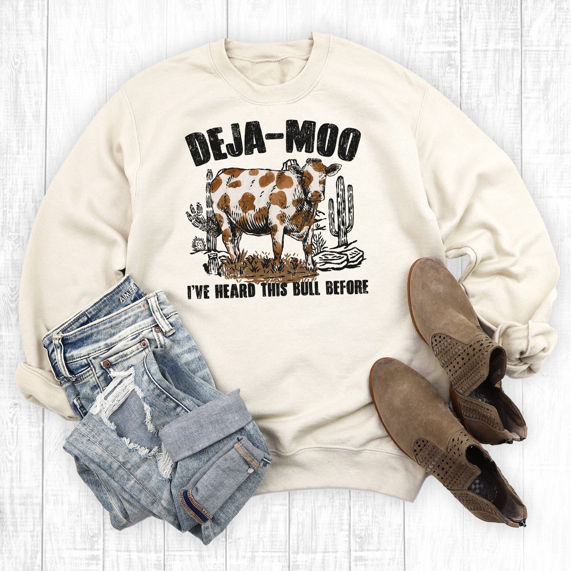 Western Cow Deja Moo I've Heard This Bull Before - Adult & Kids T-Shirts, Sweatshirts & Hoodies apparel design preview 1