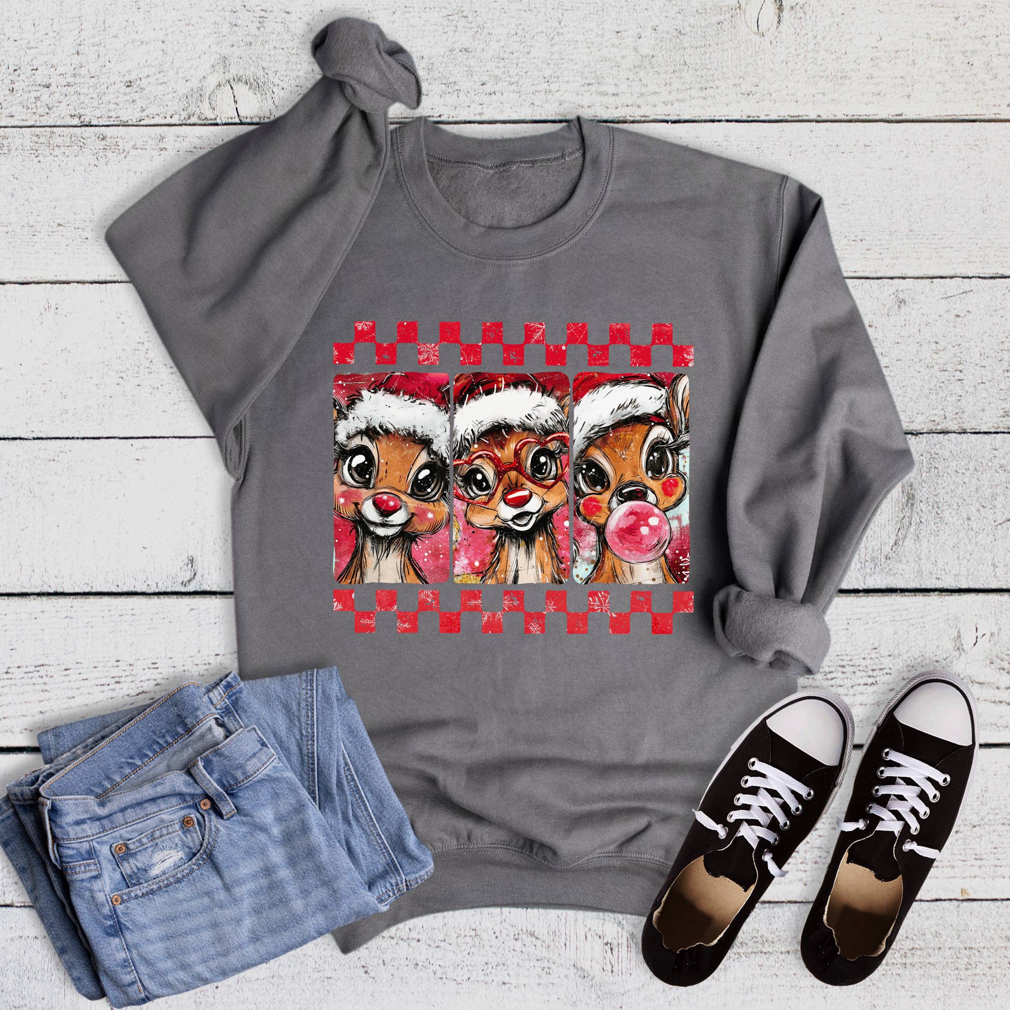 Christmas Check Reindeer Trio - Adult & Kids T-Shirts, Sweatshirts & Hoodies apparel design preview 1