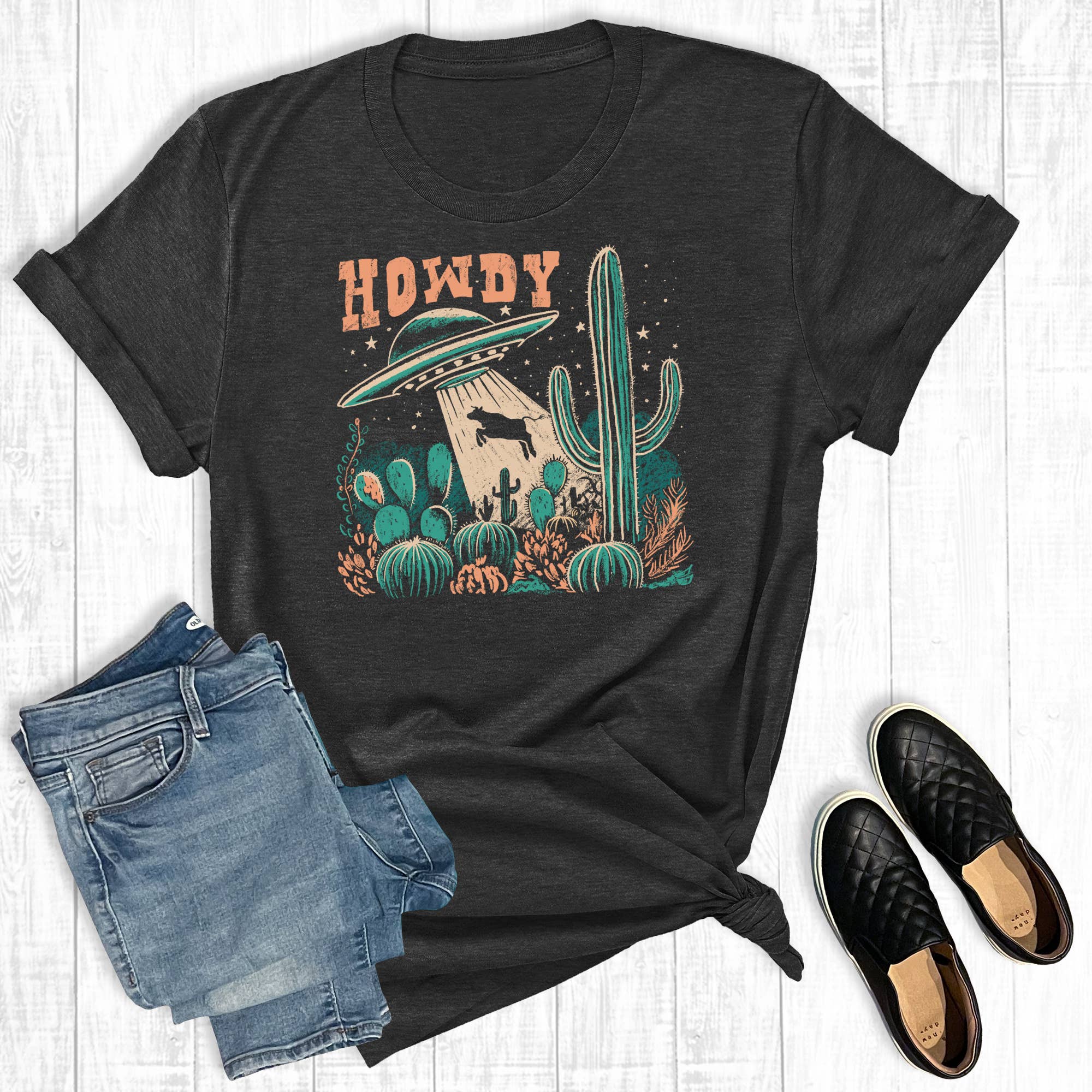 Western Howdy Cow Abduction Graphic - Adult & Kids T-Shirts, Sweatshirts & Hoodies apparel design preview 1