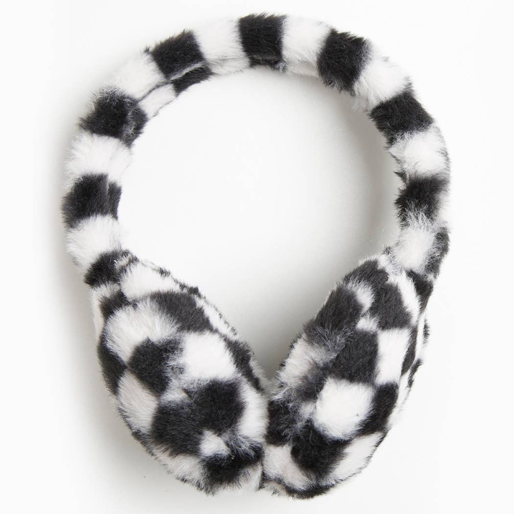 Faux Fur White Checkered Pattern Earmuffs - Adult & Kids T-Shirts, Sweatshirts & Hoodies apparel design preview 1