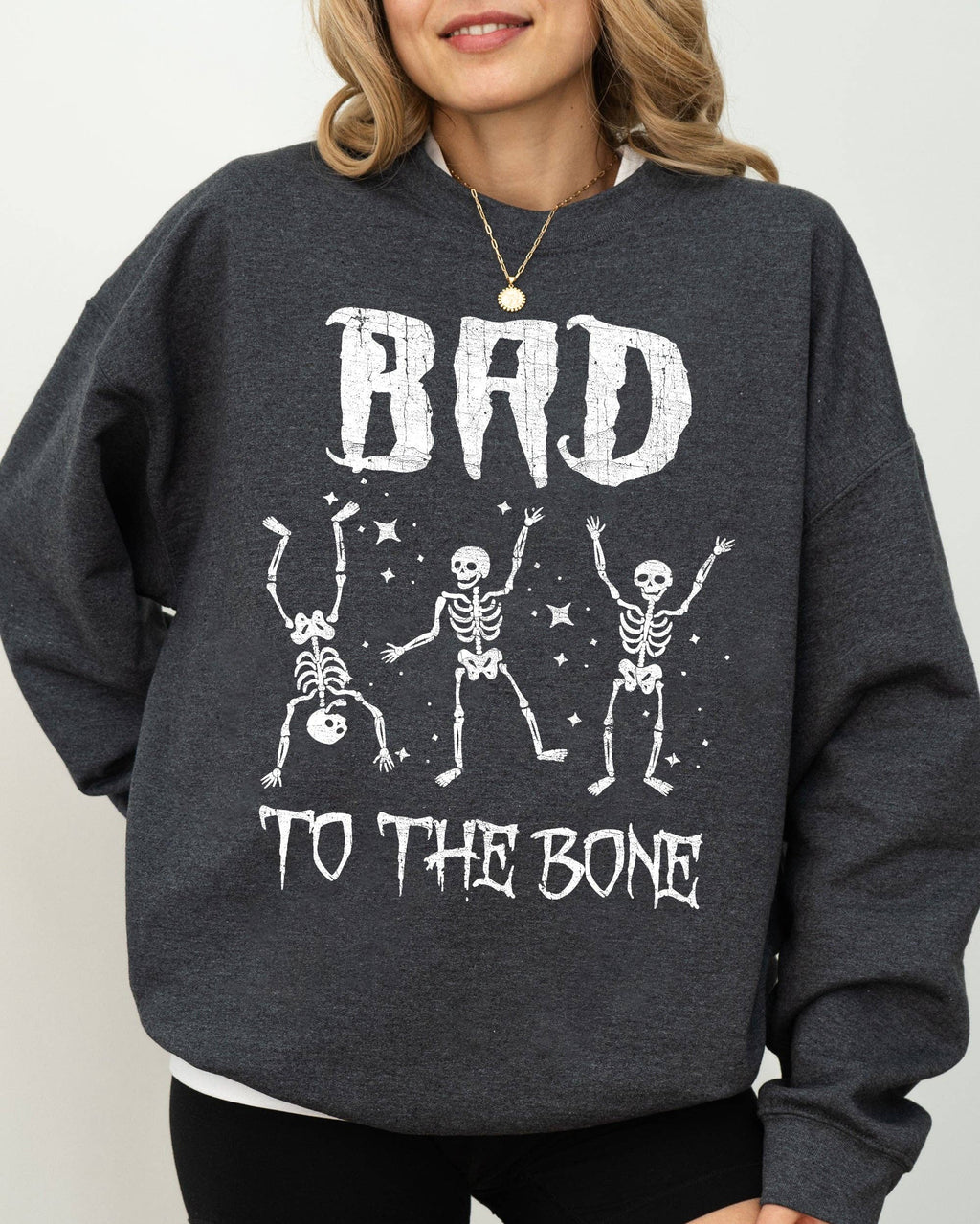 Bad To the Bone, Funny Skeleton Halloween Vintage - Adult & Kids T-Shirts, Sweatshirts & Hoodies apparel design preview 1