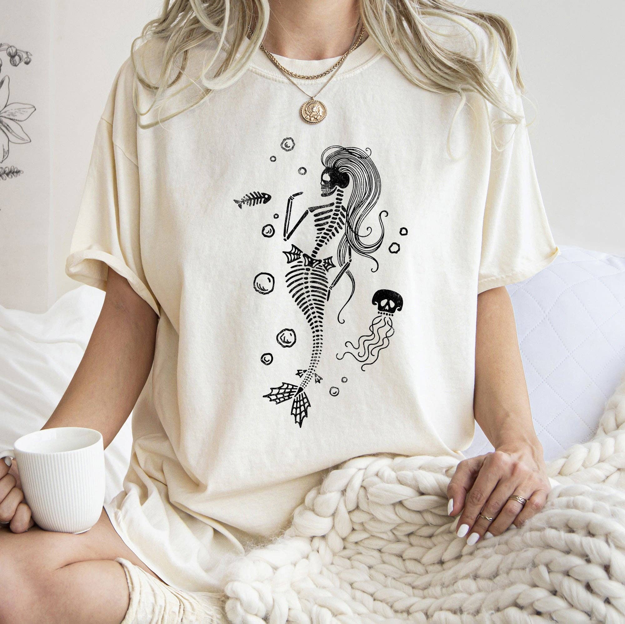 Mermaid Skeleton Jellyfish Halloween Black Print - Adult & Kids T-Shirts, Sweatshirts & Hoodies apparel design preview 1
