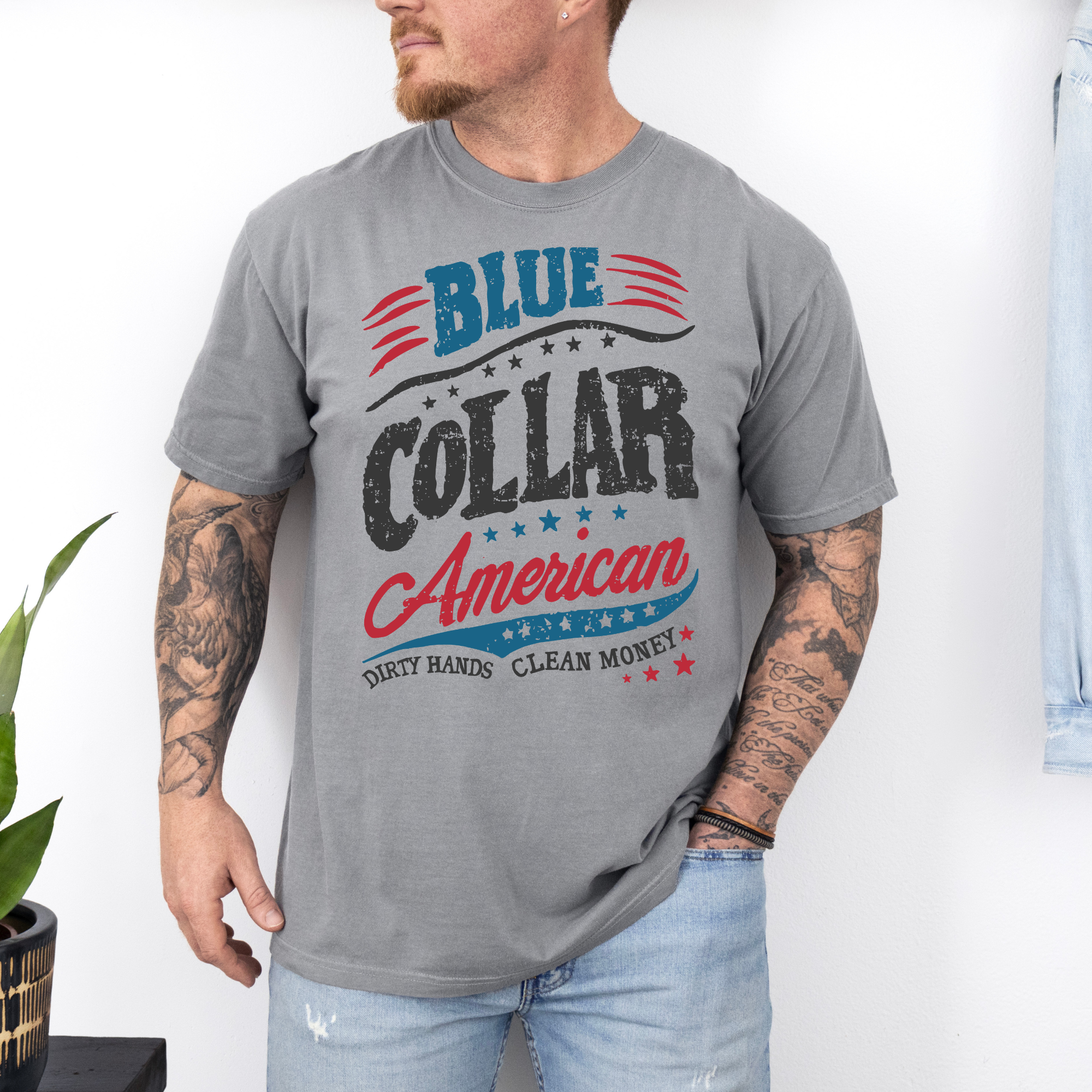 Fathers Day: Blue Collar American On Gray Comfort - Adult & Kids T-Shirts, Sweatshirts & Hoodies apparel design preview 1