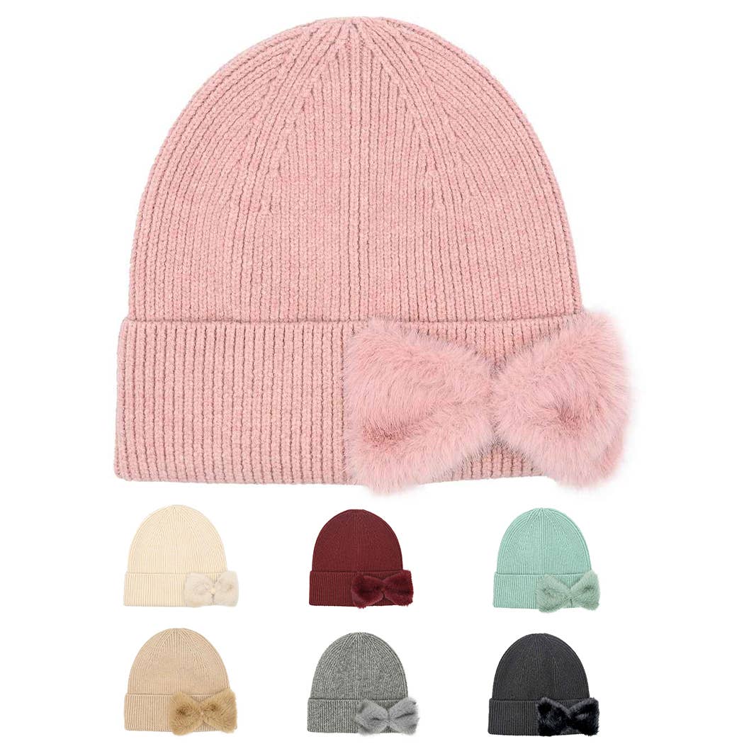 Solid Color Beanie with Faux Fur Bow - Adult & Kids T-Shirts, Sweatshirts & Hoodies apparel design preview 1