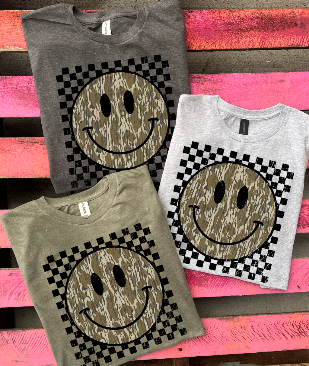 Checkered Camo Smiley Face- 3 Color Options - Adult & Kids T-Shirts, Sweatshirts & Hoodies apparel design preview 1