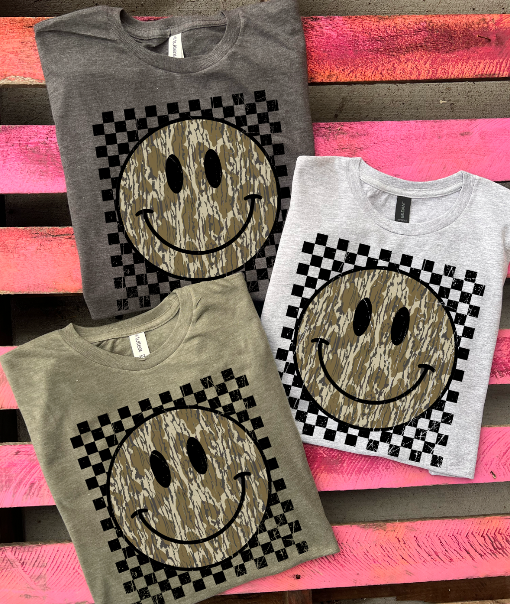 Checkered Camo Smiley Face- 3 Color Options - Adult & Kids T-Shirts, Sweatshirts & Hoodies apparel design preview 1