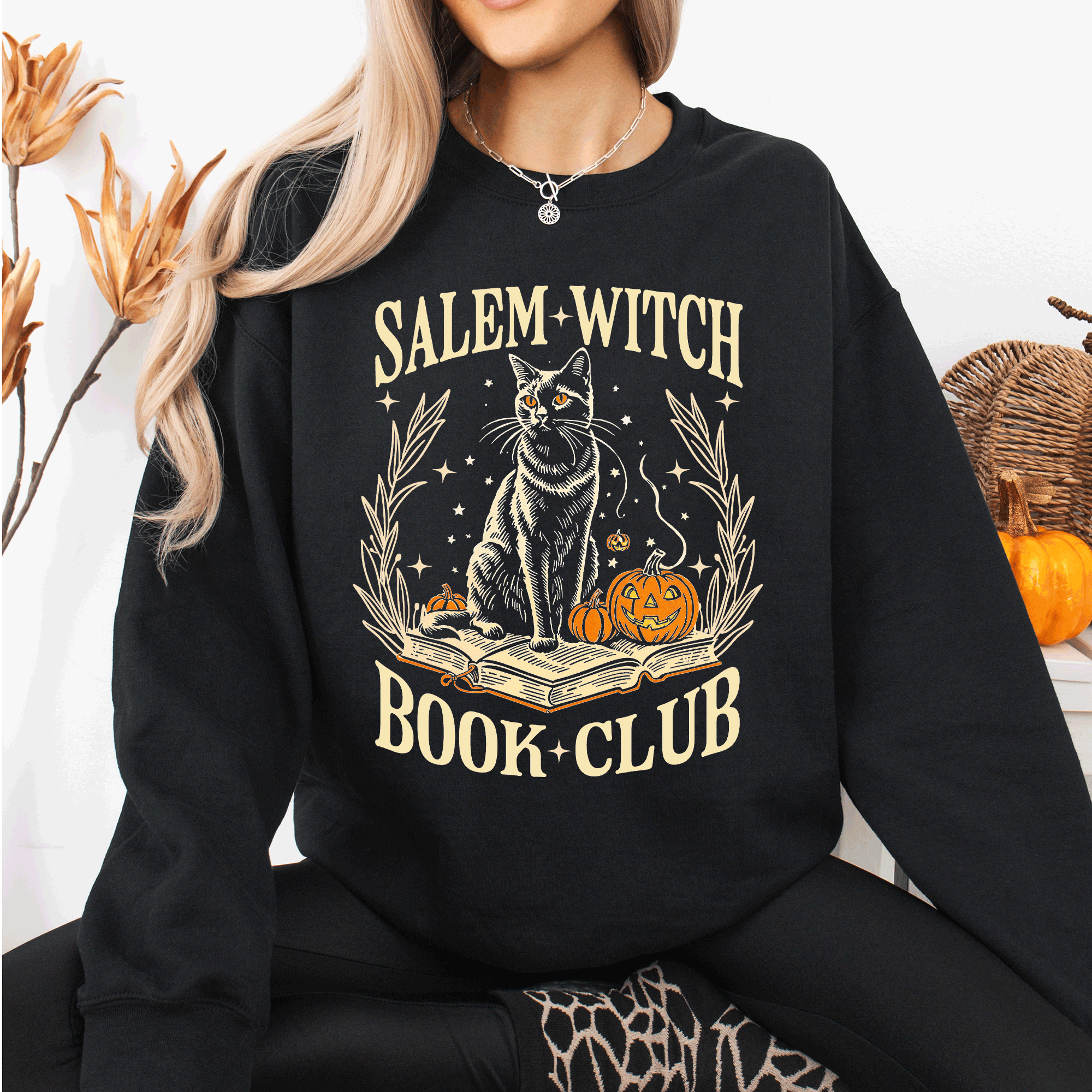 Salem Book Club, Cat, Halloween, Reading, Books - Adult & Kids T-Shirts, Sweatshirts & Hoodies apparel design preview 1