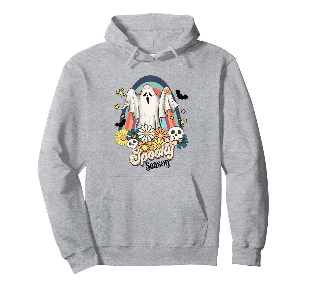 Rainbow Floral Ghost Spooky Season Boho Hoodie - Graphic Print for Adults - T-Shirt, Sweatshirt, Hoodie
