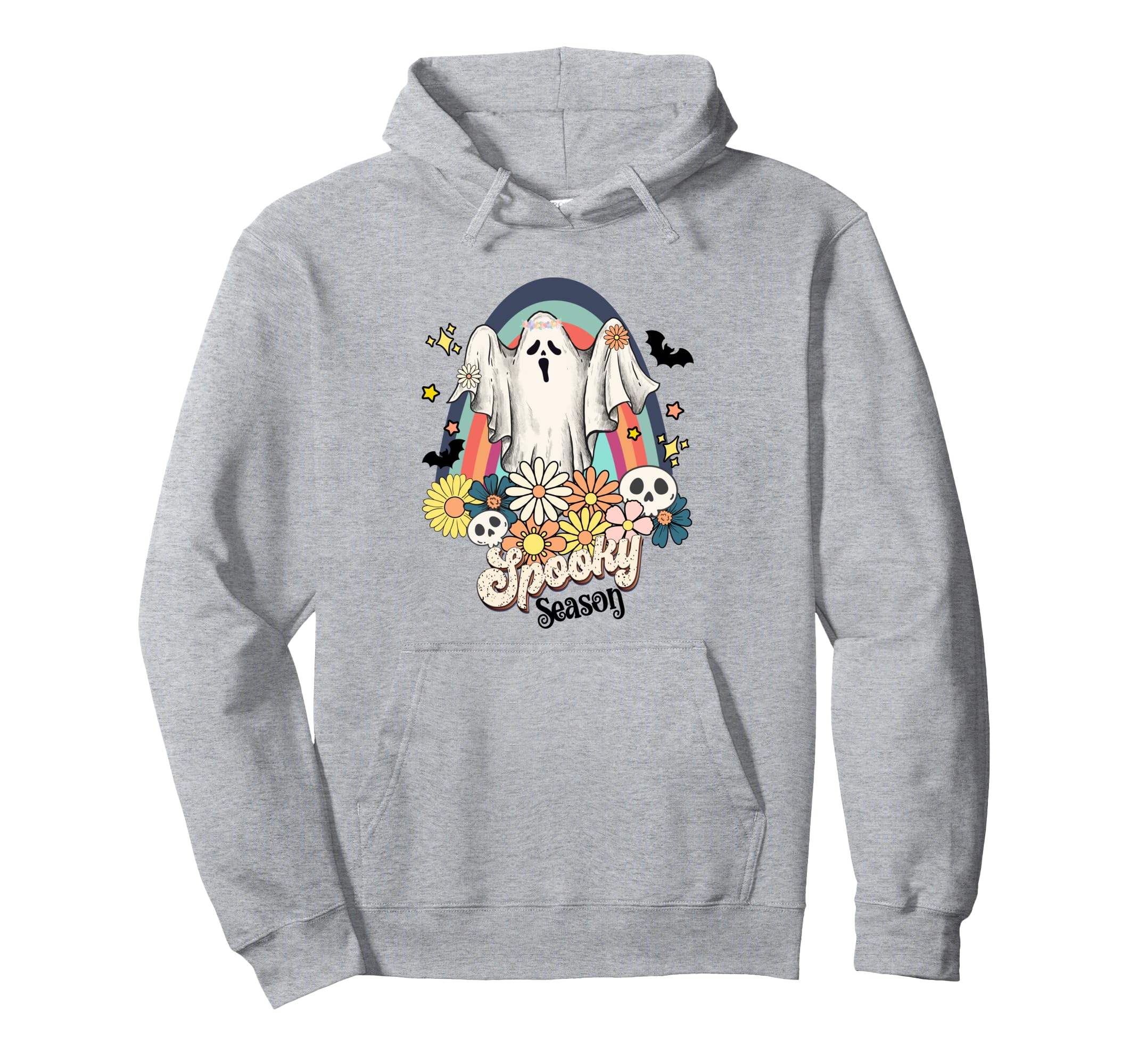 Rainbow Floral Ghost Spooky Season Boho Hoodie - Graphic Print for Adults - T-Shirt, Sweatshirt, Hoodie