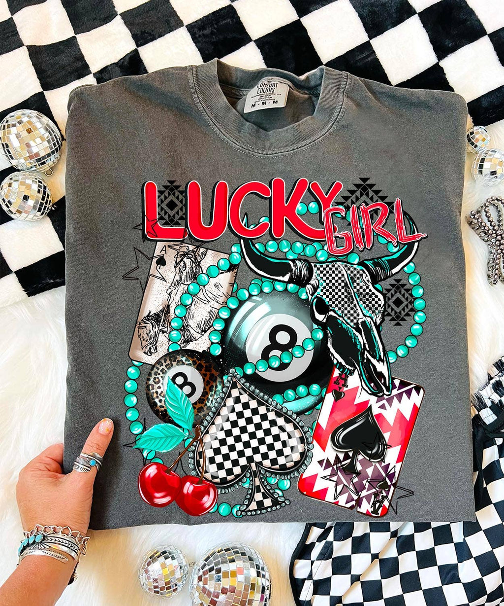 Lucky Girl Checkered Comfort Color Pepper - Adult & Kids T-Shirts, Sweatshirts & Hoodies apparel design preview 1