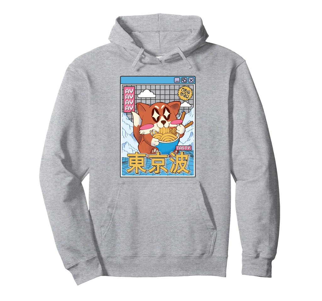 Happy Fox Eating Ramen Vaporwave Hoodie - Minimalist Print for Adults - T-Shirt, Sweatshirt, Hoodie