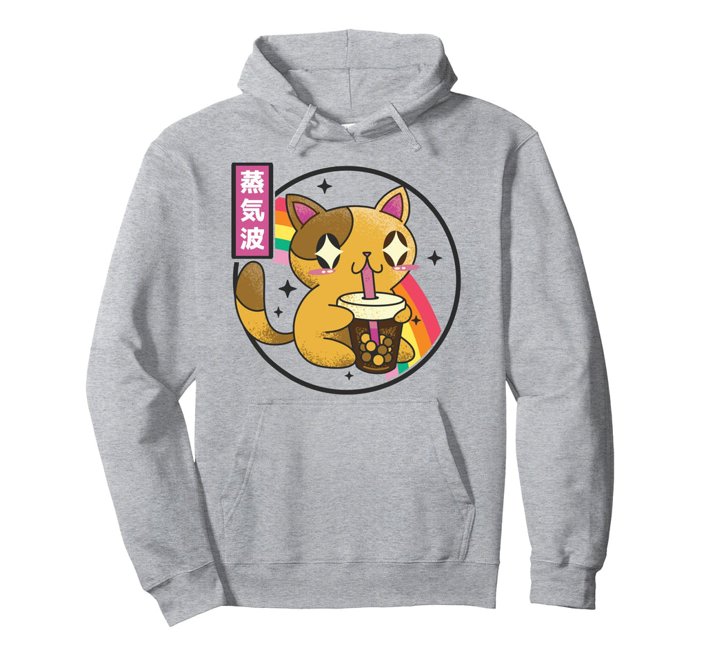 Cat Drinking Bubble Tea Boba Japan 80S Hoodie - Graphic Print Men Women - T-Shirt, Sweatshirt, Hoodie