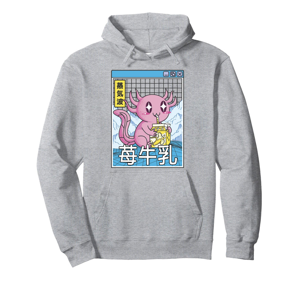 Axolotl Banana Milk Kawaii Grid Hoodie - Aesthetic Graphic Men Women - T-Shirt, Sweatshirt, Hoodie