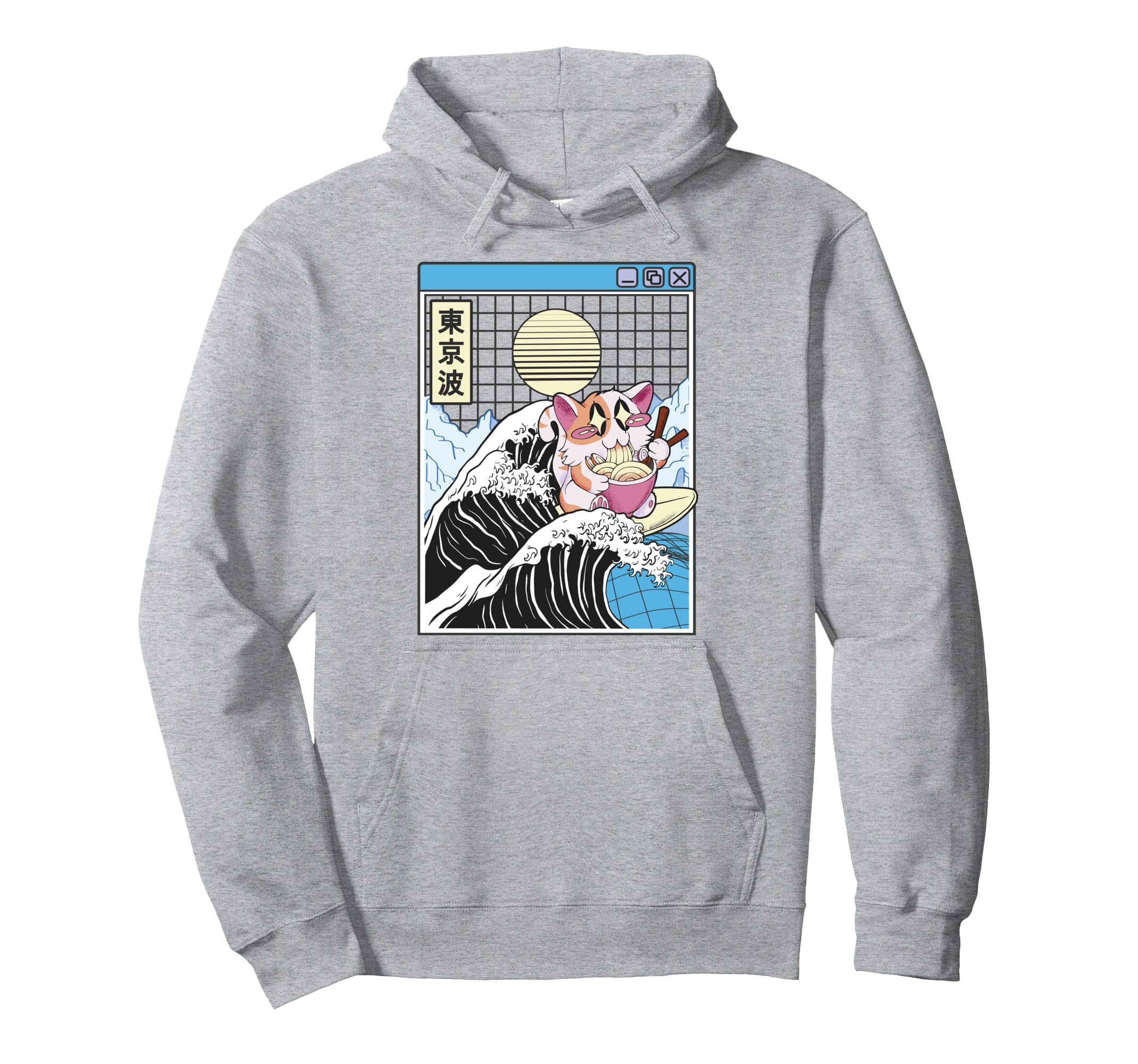 Happy Cat Eating Ramen Surfing Hoodie - Aesthetic Graphic for Adults - T-Shirt, Sweatshirt, Hoodie