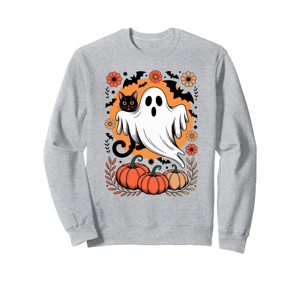 Boho Halloween Cat Ghost Groovy Sweatshirt - Streetwear Style for Adults - T-Shirt, Sweatshirt, Hoodie