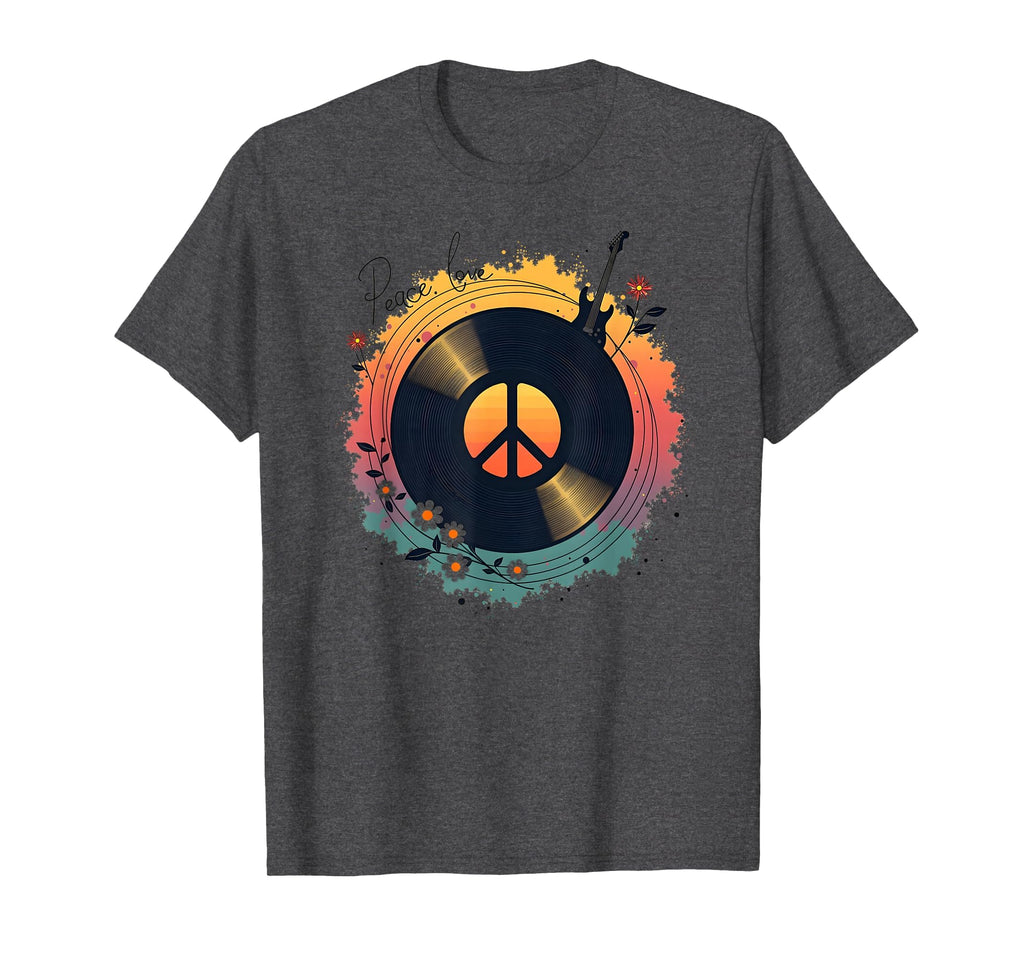 Peace Love Rock N Roll Boho Hippie Vinyl T-Shirt - Novelty Apparel Unisex - T-Shirt, Sweatshirt, Hoodie