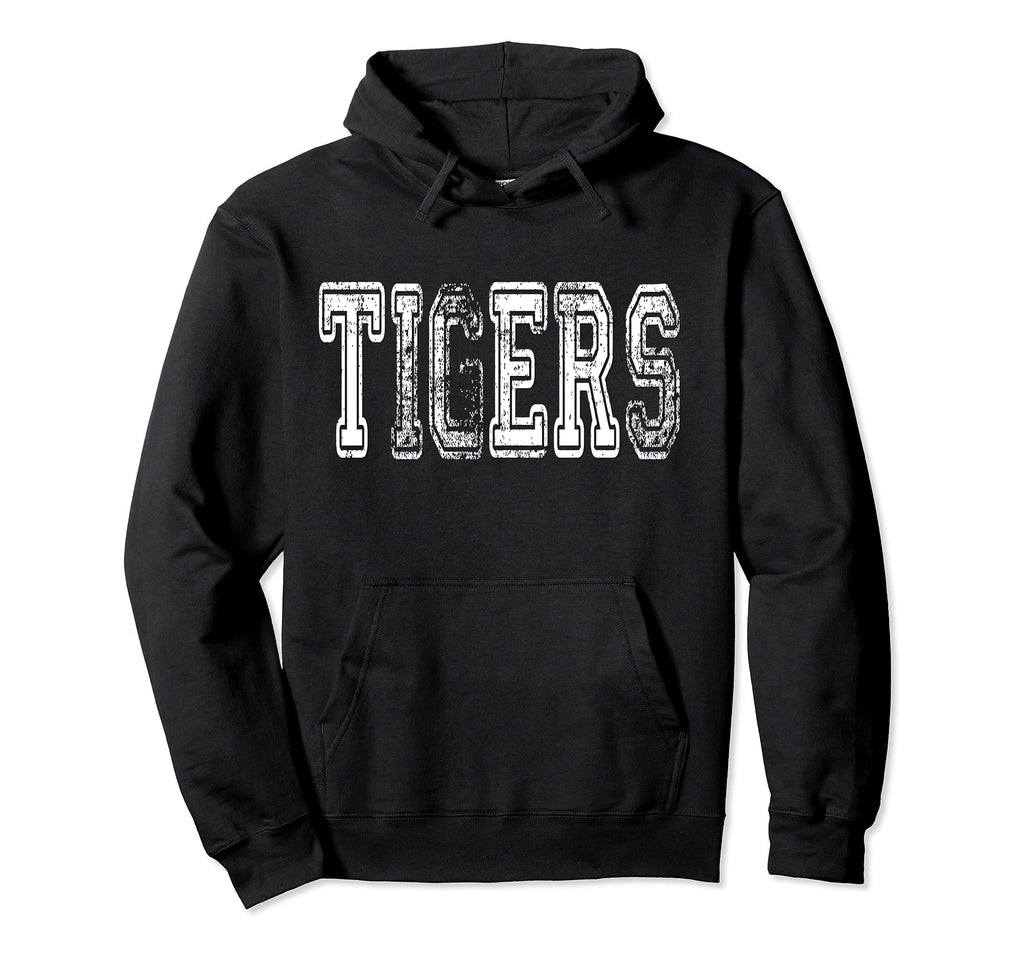 Tigers Mascot Distressed School Sports Hoodie - Graphic Print for Adults - T-Shirt, Sweatshirt, Hoodie