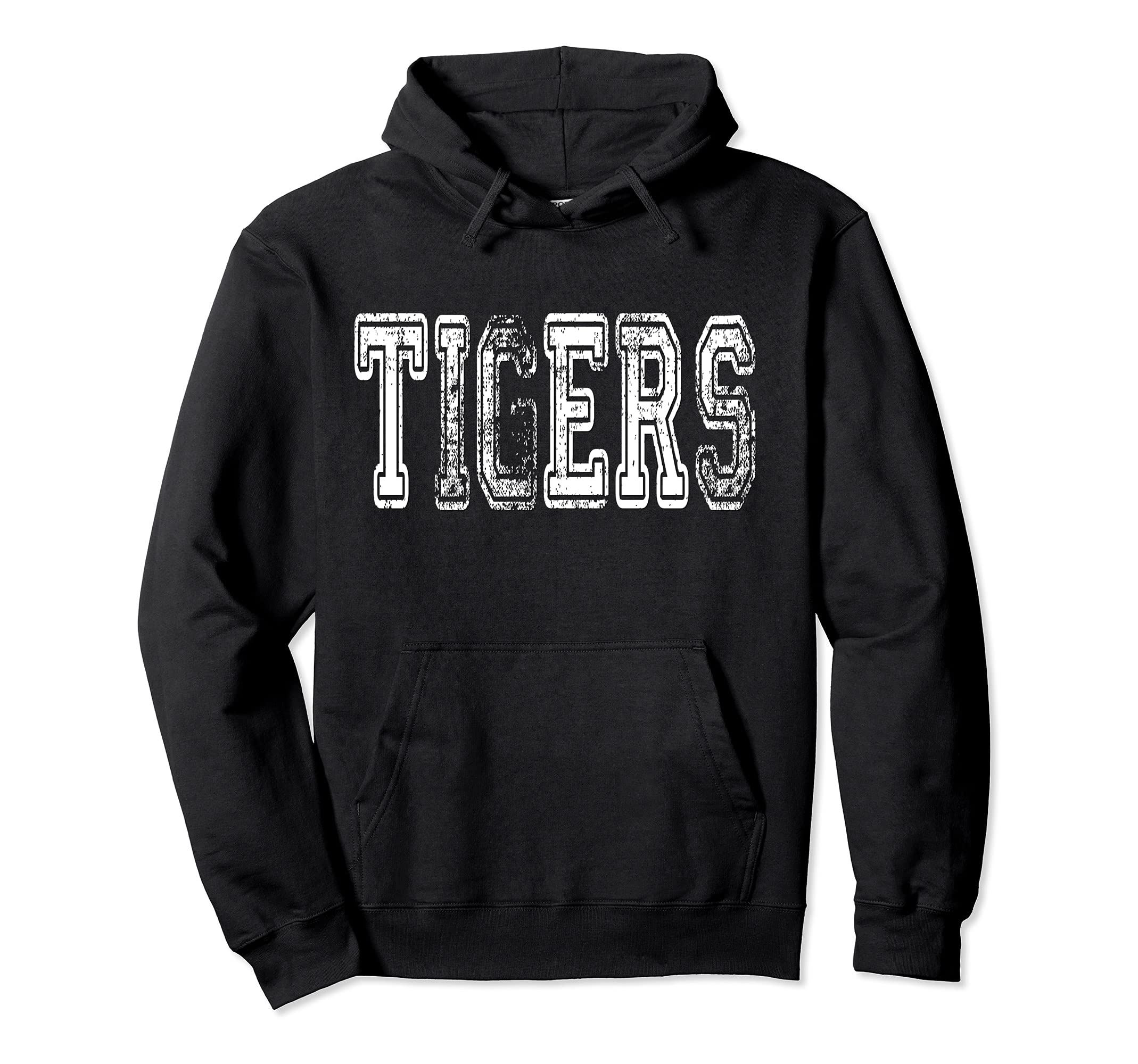 Tigers Mascot Distressed School Sports Hoodie - Graphic Print for Adults - T-Shirt, Sweatshirt, Hoodie