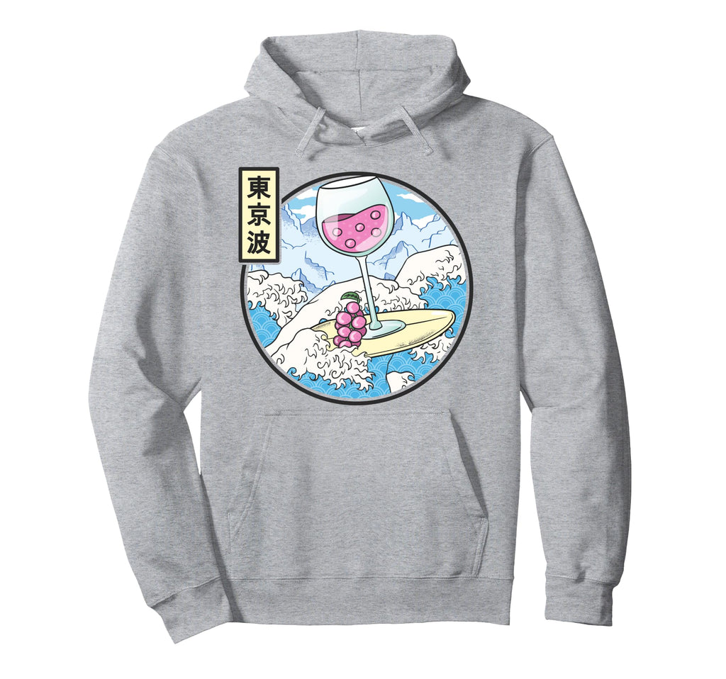 Surfing Wine Glass Japan Waves Hoodie - Fun Novelty Design Men Women - T-Shirt, Sweatshirt, Hoodie