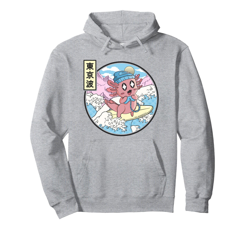 Gaming Axolotl Surfing Japanese Wave Hoodie - Minimalist Print Men Women - T-Shirt, Sweatshirt, Hoodie