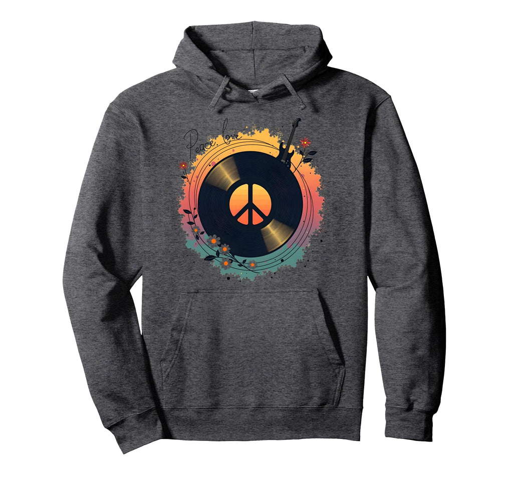 Peace Love Rock N Roll Boho Hippie Vinyl Hoodie - Unique Graphic Unisex - T-Shirt, Sweatshirt, Hoodie