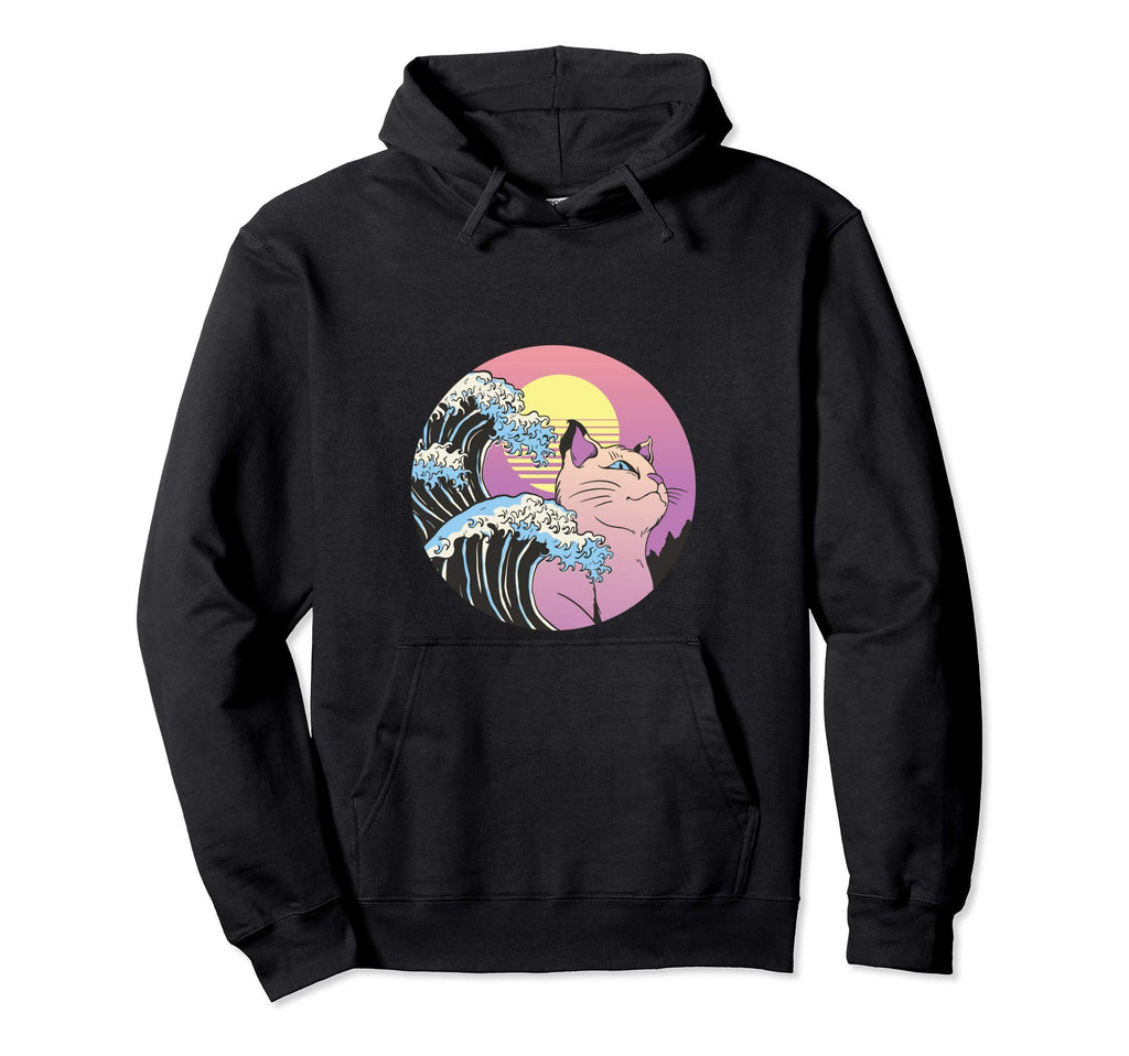 Great Wave Japanese Anime Cat Vaporwave Hoodie - Unique Graphic for Adults - T-Shirt, Sweatshirt, Hoodie