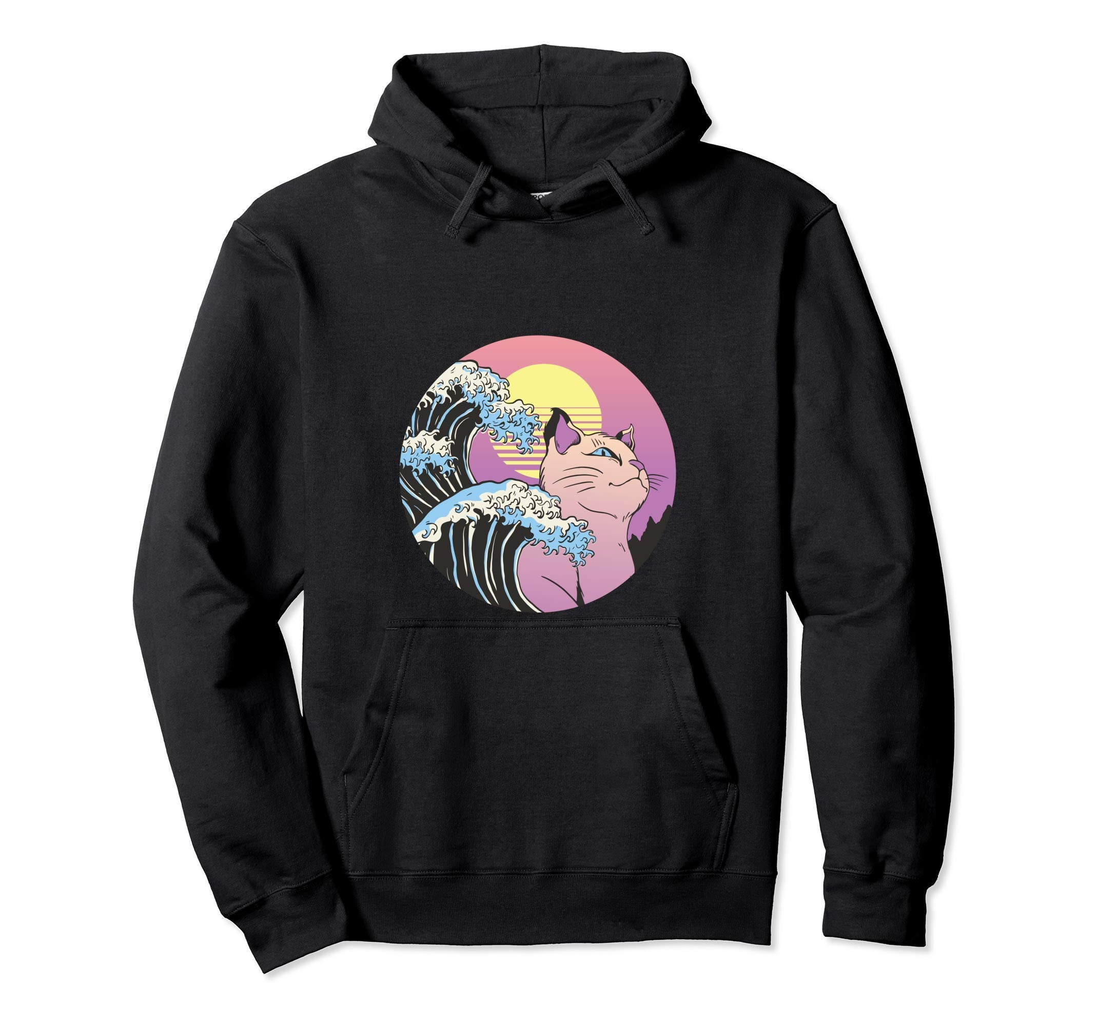 Great Wave Japanese Anime Cat Vaporwave Hoodie - Unique Graphic for Adults - T-Shirt, Sweatshirt, Hoodie