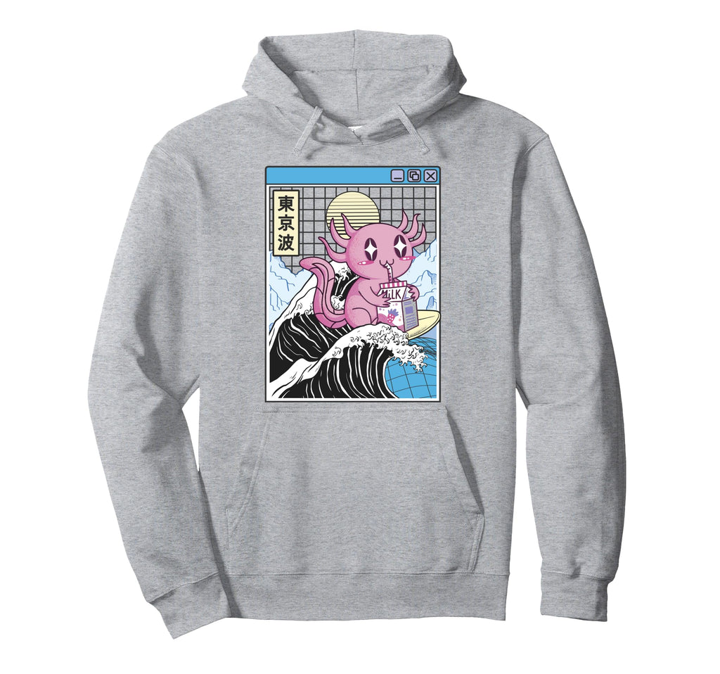 Axolotl Drinking Strawberry Milk Kanagawa Hoodie - Streetwear Style Unisex - T-Shirt, Sweatshirt, Hoodie