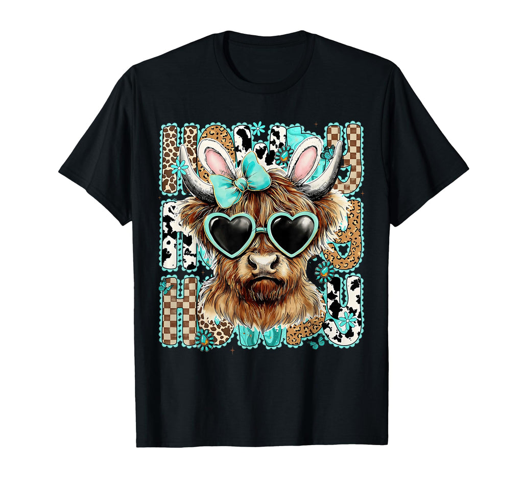 Cowhide Leopard Howdy Easter Highland Cow T-Shirt - Unique Graphic Unisex - T-Shirt, Sweatshirt, Hoodie