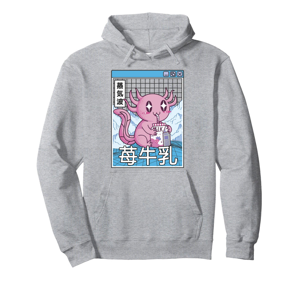 Axolotl Strawberry Milk Kawaii Vaporwave Hoodie - Unique Graphic Men Women - T-Shirt, Sweatshirt, Hoodie