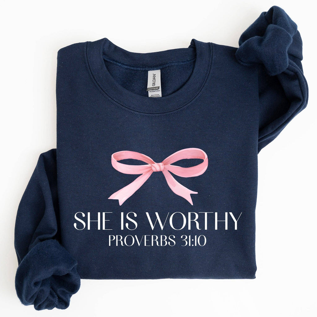 She Is Worthy, Christmas, Bow Pink, Soft Girl Era - Adult & Kids T-Shirts, Sweatshirts & Hoodies apparel design preview 1